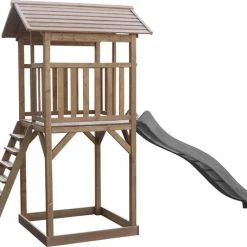 AXI Beach Tower Speeltoestel In Bruin - Speeltoren Met Zandbak En Grijze Glijbaan - FSC Hout - Speelhuis Op Palen Voor De Tuin -Duurzamer-speelgoed Winkel 550x455 3