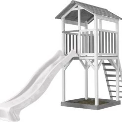 AXI Beach Tower Speeltoestel In Grijs/Wit - Speeltoren Met Zandbak En Witte Glijbaan - FSC Hout - Speelhuis Op Palen Voor De Tuin -Duurzamer-speelgoed Winkel 550x497 6