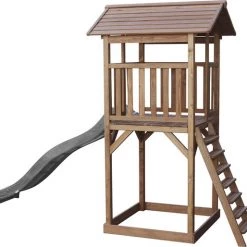 AXI Beach Tower Speeltoestel In Bruin - Speeltoren Met Zandbak En Grijze Glijbaan - FSC Hout - Speelhuis Op Palen Voor De Tuin -Duurzamer-speelgoed Winkel 550x514 1
