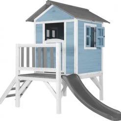 AXI Beach Lodge XL Speelhuis In Caribisch Blauw - Met Verdieping En Grijze Glijbaan - Speelhuisje Voor De Tuin / Buiten - FSC Hout - Speeltoestel Voor Kinderen