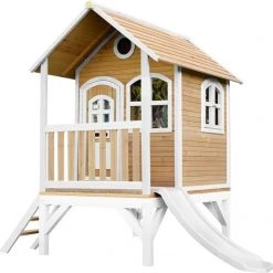 AXI Tom Speelhuis In Bruin/Wit - Met Verdieping En Witte Glijbaan - Speelhuisje Voor De Tuin / Buiten - FSC Hout - Speeltoestel Voor Kinderen