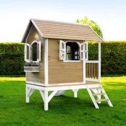 AXI Tom Speelhuis In Bruin/Wit - Met Verdieping En Witte Glijbaan - Speelhuisje Voor De Tuin / Buiten - FSC Hout - Speeltoestel Voor Kinderen -Duurzamer-speelgoed Winkel 550x550 264
