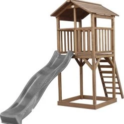 AXI Beach Tower Speeltoestel In Bruin - Speeltoren Met Zandbak En Grijze Glijbaan - FSC Hout - Speelhuis Op Palen Voor De Tuin