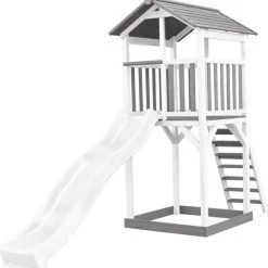 AXI Beach Tower Speeltoestel In Grijs/Wit - Speeltoren Met Zandbak En Witte Glijbaan - FSC Hout - Speelhuis Op Palen Voor De Tuin