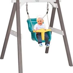 AXI Baby Schommel In Grijs/Wit Met Zitje In Blauw/Geel - FSC Hout - Babyschommel Voor Kindjes Van 9-36 Maanden - Met 4 Grondankers -Duurzamer-speelgoed Winkel 550x581 5