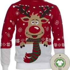 Jule Sweaters Foute Kersttrui Dames & Heren - Christmas Sweater "Rudolf Met Sjaal" - 100% Biologisch Katoen - Kerst Trui Mannen & Vrouwen Maat M