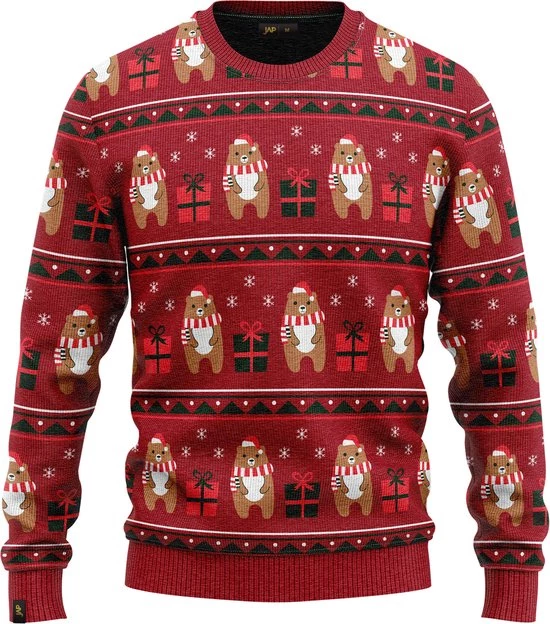JAP Christmas JAP Foute Kersttrui - Beer Met Geschenk - Kerstcadeau Volwassenen - Dames En Heren - Kerst - 3XL - Donker Rood 1 JAP Christmas JAP Foute Kersttrui - Beer Met Geschenk - Kerstcadeau Volwassenen - Dames En Heren - Kerst - 3XL - Donker Rood