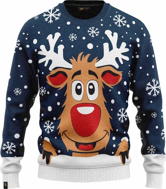 JAP Christmas JAP Foute Kersttrui - Rudolf Het Rendier - Kerstcadeau Volwassenen - Dames En Heren - Kerst - M - Donker Blauw 1 JAP Christmas JAP Foute Kersttrui - Rudolf Het Rendier - Kerstcadeau Volwassenen - Dames En Heren - Kerst - M - Donker Blauw